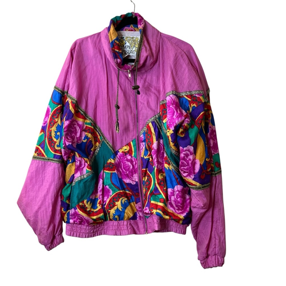 Olympic Exposure Vibrant Vintage Pink Bomber Jacket with Abstract Design Sz XL